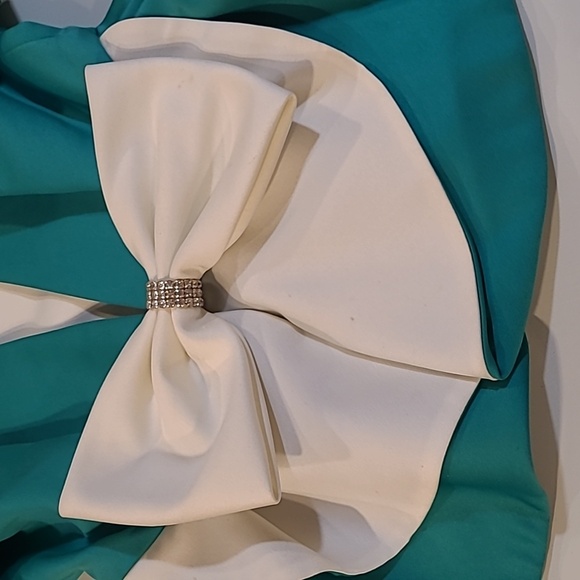 LIKE NEW VTG 80s Leslie Fay Satin Teal/White Puff Shoulder Large Bow Blazer - Picture 8 of 15